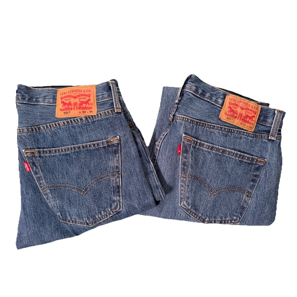2 Pair of Levi's 501 Straight Leg Button Fly Jeans size 33x34, medium wash